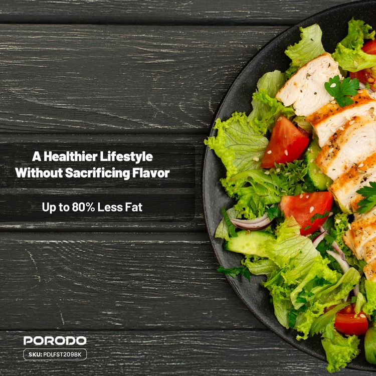 Porodo Lifestyle Quick Flip 3-in-1 Air Fryer, Grill & Hot Pot with 4.5L Capacity, 1200-1400W Rated Power, UK 3-Pin Plug, 360° Turbo Heat Technology, 100% Visible Glass Basket - Black