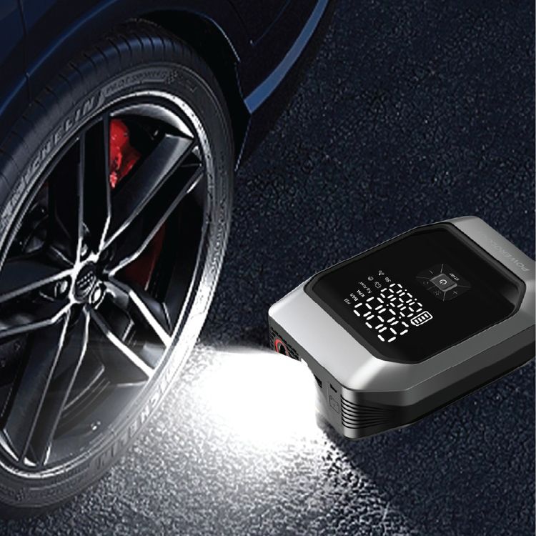 Powerology Inflate Boost Jump Starter with Air Compressor, 10000mAh Battery Capacity, Power Bank Function, LED Flashlight, 5 Inflation Modes, USB-C Cable Type, 33.5cm Cable Length, 6L Gasoline & 4L Diesel Supported Vehicles, Auto-Stop Inflation, Smart Digital Display - Black