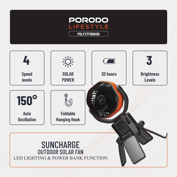 Porodo Suncharge Outdoor Solar Fan with LED Lighting & Power Bank Function, 3 LED Brightness Levels, 4 Speed Settings, Foldable Hanging Hook, 150°Auto Oscillation, Up to 30 Hours Working Time, 6000mAh Battery, 5W Rated Power - Black / Orange