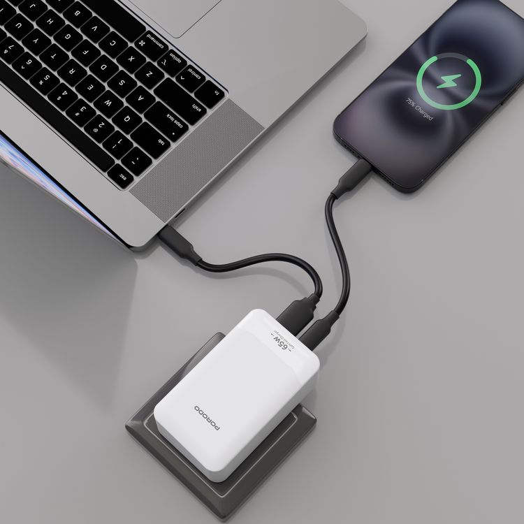 Porodo Terra GaN Adapter with USB-A & USB-C Ports, USB-C to USB-C Cable Included, Interchangeable US & UK & EU Plugs, PD 65W, Multiple Device Charging, Global Travel Ready - White