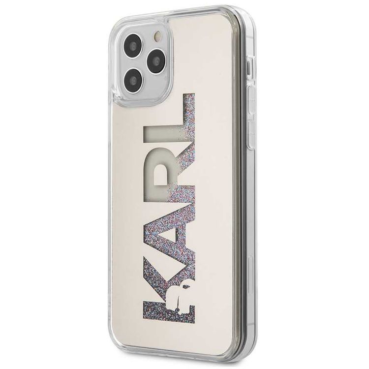 CG Mobile Karl Lagerfeld Liquid Glitter Case Mirror with Multicolor Glitter for Apple iPhone 12 / 12 Pro (6.1") Suitable with Wireless Chargers Officially Licensed - Silver