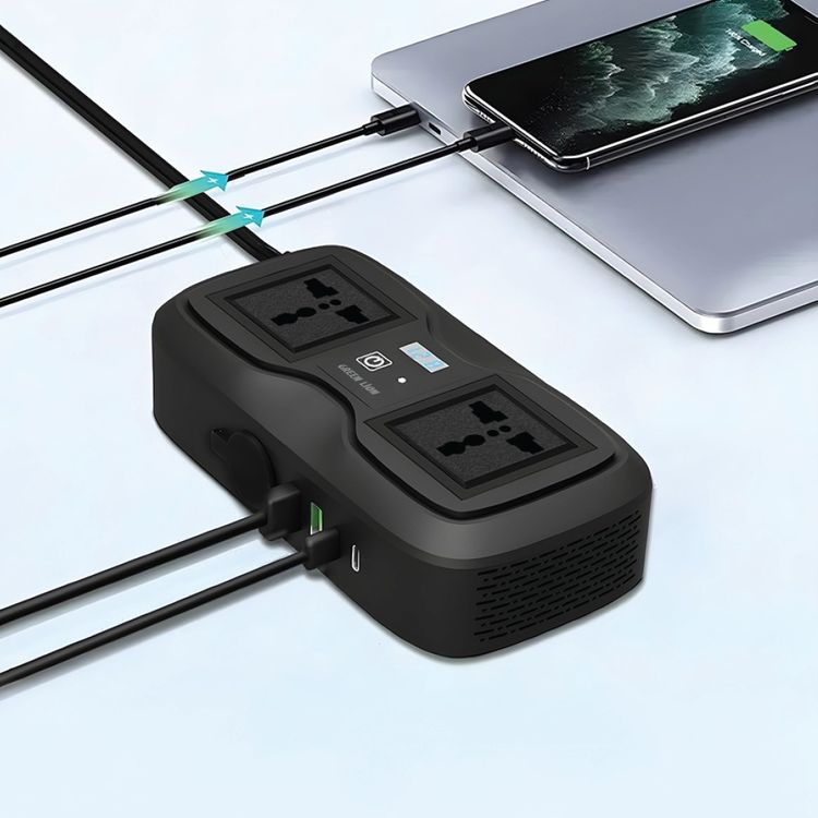 Green Lion GC-233 Power Inverter with 2 Universal Sockets, LED Indicator, Digital Display, Heat Dissipation, 200W Rated Power - Black