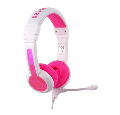 سماعات رأس سلكية للأطفال من BuddyPhones School+ مع BuddyJack مدمج للمشاركة، وعلامات اسم مخصصة، وحقيبة سفر ناعمة، وعمر بطارية يصل إلى 8 ساعات - وردي