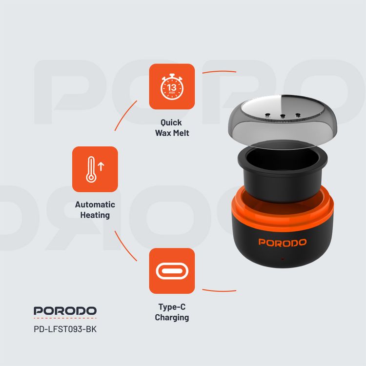 Porodo Lifestyle Wax Warming Hair Removal Kit with Automatic Heating, Type-C Charging, Quick Wax Melt, Suitable for Nose, Ears, Eyebrows & Moustache - Black