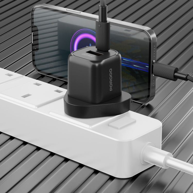 Porodo Dual Port Wall Charger with USB-C to USB-C Cable, Over-Heat Protection, Simultaneous Charging, Reliable Companion - Black