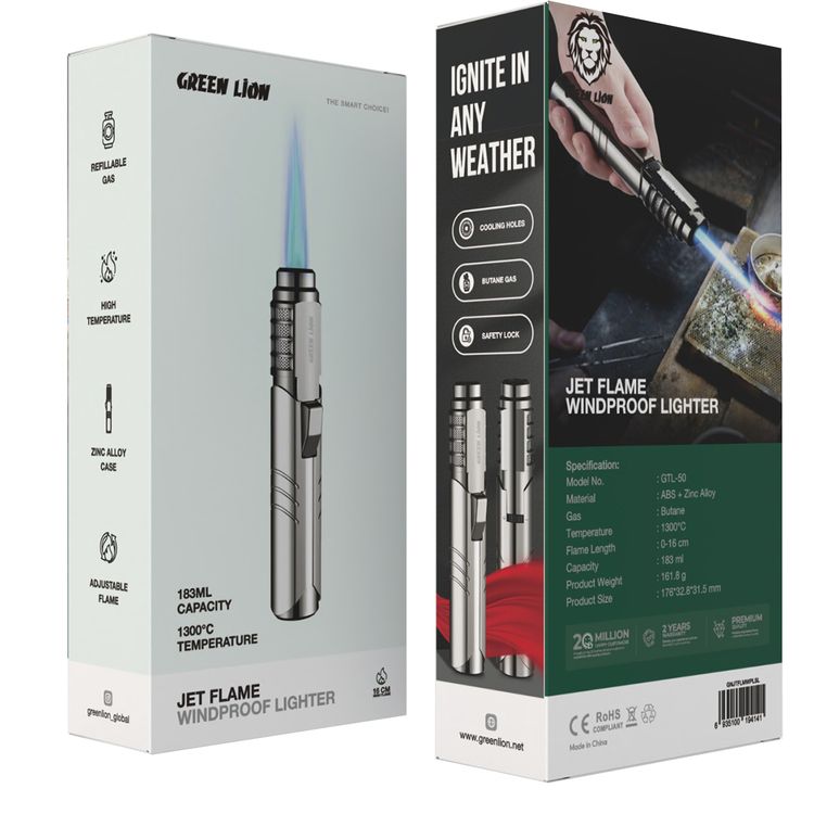 ولاعة جرين ليون بنفاثة مقاومة للرياح بقدرة 183 مل، بحرارة 1300 درجة مئوية، بارتفاع لهب يصل إلى 16 سم، نوع غاز البيوتان، مع فتحات تبريد، قفل أمان، مصنوعة من مواد ABS وسبائك الزنك، مع لهب قابل للتعديل - فضي.