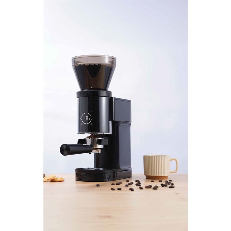 LePresso Precision Conical Burr Grinder with Digital Weight Control, Touch Display, 150W DC Motor Rated Power, 220-240V Rated Voltage, 50/60Hz Rated Frequency, 400g Bean Hopper Capacity, 90g Ground Coffee Cup Capacity, 3-Pin UK Plug, ABS & 304 Stainless Steel Materials - Black