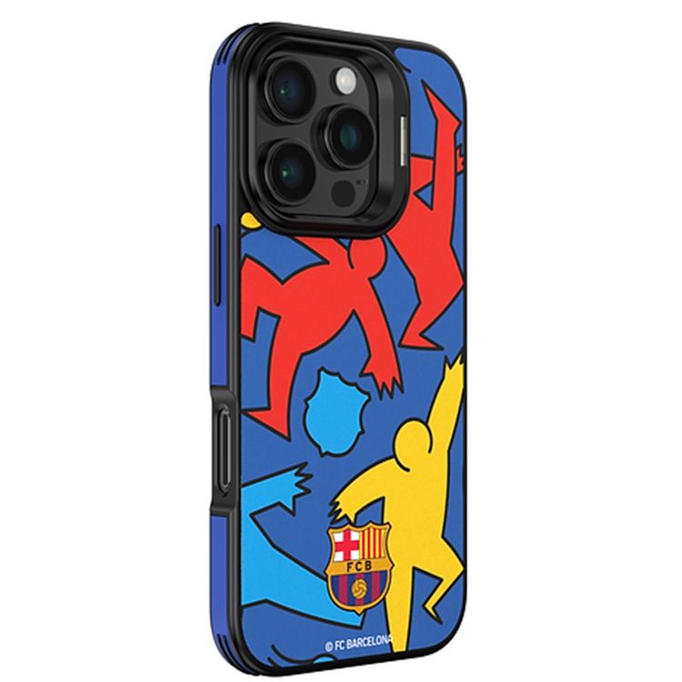 FC Barcelona Magnetic Case for iPhone 15 Pro, Premium Synthetic Leather, MagSafe Compatible, Built-in Ring Kickstand, Strong Neodymium Magnets, Shock Absorption - Silhouettes Playing