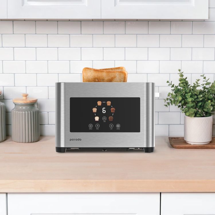 Porodo Lifestyle 2-Slice Bread Toaster with Touch Panel, 750-850W Rated Power, Stainless Steel 410 Material, 6 Browning Levels, 5 Functions, Removable Slide-Out Crumb Tray, Automatic Shut-Off - Silver