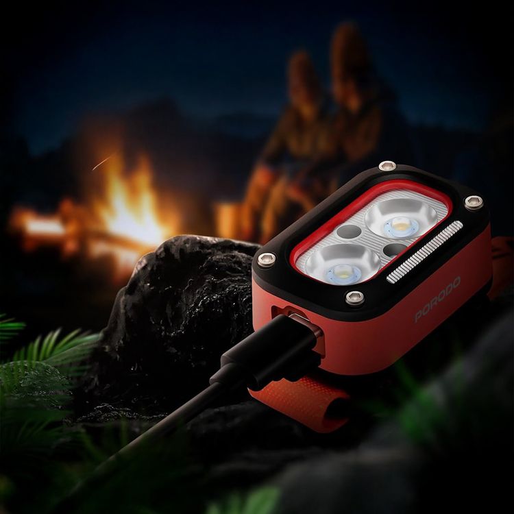 Porodo Wave-Sensor Rechargeable LED Headlamp with 5 Light Modes, 800mAh Battery, Up to 6 Hours Run Time, 10cm Sensor Range, Adjustable Elastic Headband - Orange