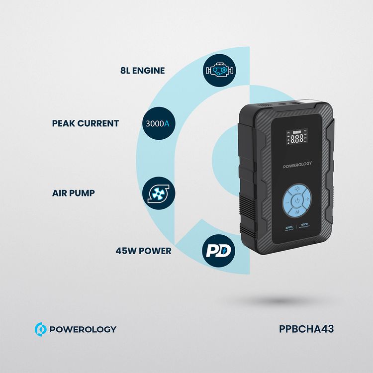 ضاغط هواء Powerology 20000mAh Power Bank Jump Start، أقصى وقت شحن 7.0±1.0 ساعة، PD 45 وات، ذروة التيار 3000 أمبير، محرك سعة 8 لتر - أسود 