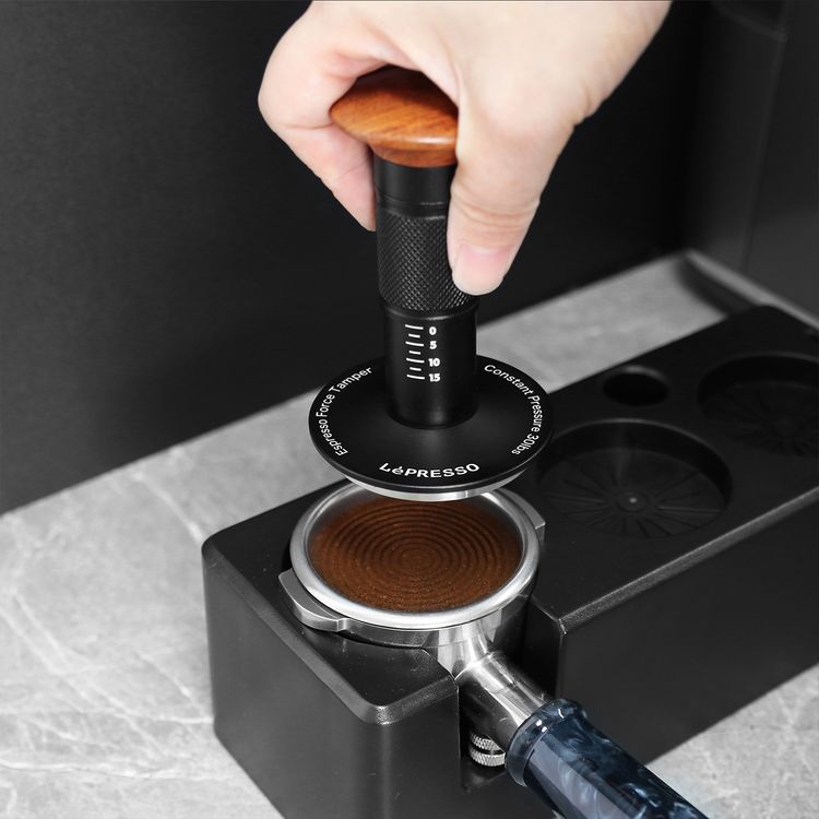 LePresso 58.5mm Impact Tamper with Thread Bottom, Aluminum, Stainless Steel & Wood Material, Compatible with 58mm Portafilter - Black