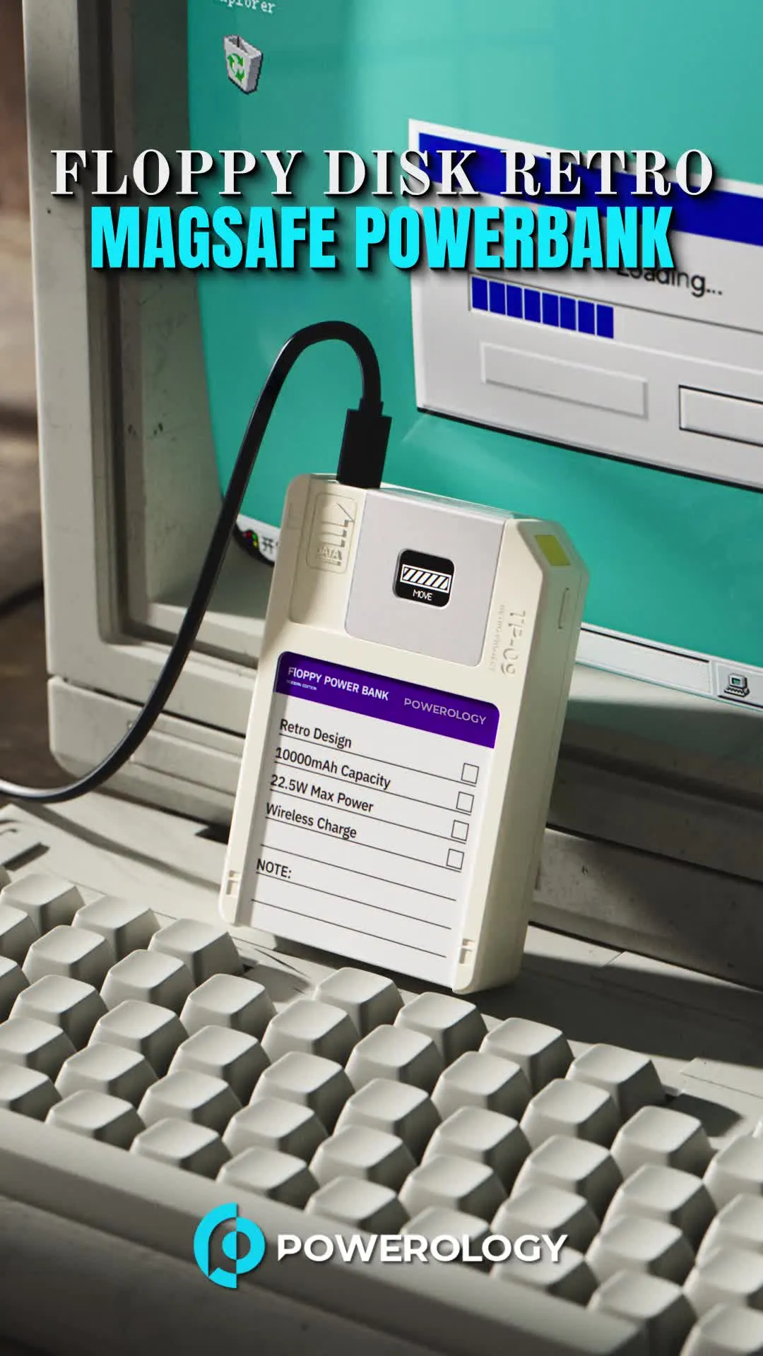 Powerology Floppydisk Retro 10000mAh MagSafe Powerbank with OLED Display Screen, Multi-Protocol Fast Charging, Universal Compatibility, 64GB Storage Capacity, High-Speed Data Storage, Fire-Resistant PC Material - White