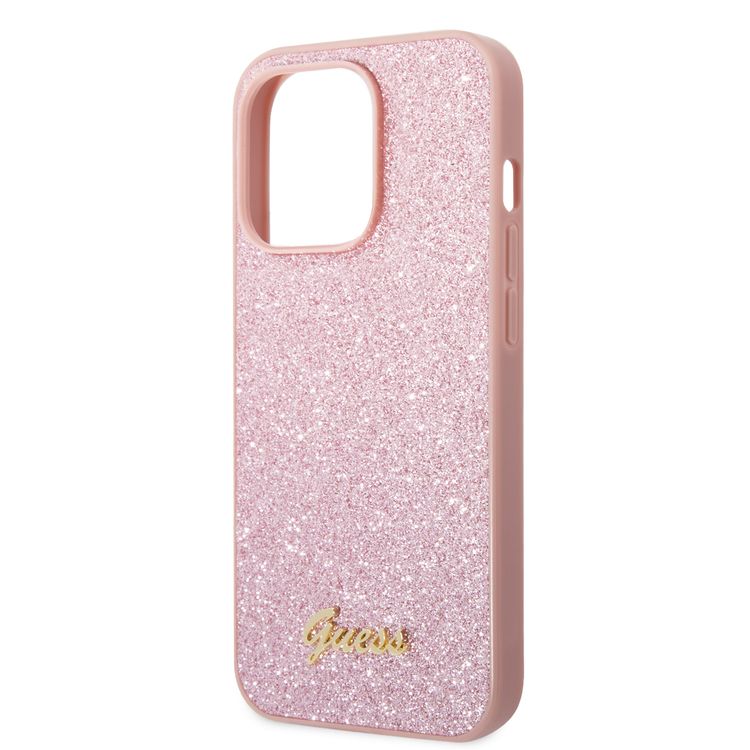 Guess PC/TPU Glitter Flakes Case with Script Metal Logo iPhone 14 Pro Max Compatibility - Pink