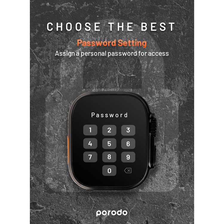 Porodo Ultimo Smart Watch, 2.1", 15 Days Working Time, 3 Hours Charging Time, Bluetooth 3.0 & 5.0, Voice Assistant, Android & iOS Compatible - Black Bezel & Orange Band