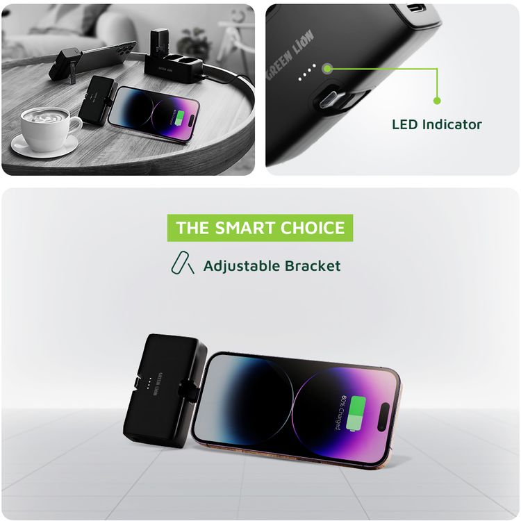 Green Lion 3 in 1 Power Bank Station, 5000mAh, LED Indicator, ABS Fireproof Material, Type-C & Lightning Integrated Cables - Black