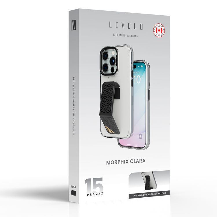 Levelo Morphix Clara Grip Case for iPhone 15 Pro Max, Premium Leather Kickstand Grip, Shock-Proof Edges, 3H Anti-Scratch, Reinforced Corners with Airguard, Multi Positioning Modes for Ultimate Protection and Convenience - Black