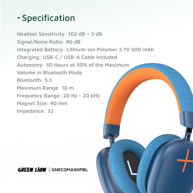 Green Lion Echo Max Wireless Headphones, Comfortable To Wear, Built-in Microphone, Lightweight, 40mm Magnet Size, 10m Maximum Range, 48 Hours Play Time - Blue