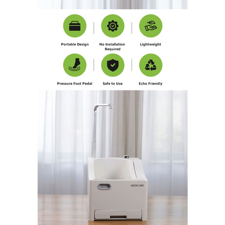  Green Lion Portable Wudu Machine with Pressure Foot Pedal, 2.5 L Clean Water Capacity, 2x1800 mAh Batteries, Lightweight Design, No Installation Required, Safe to Use - White