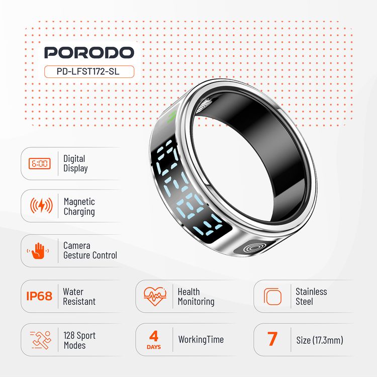 Porodo FitSync Smart Ring with Digital Display with Touch Scroll Function in Small Size 7, Up to 4 Days Active Use Time, 96KB Ram & 128KB ROM, Camera Gesture Control, Activity Tracking & 128 Sport Modes - Silver