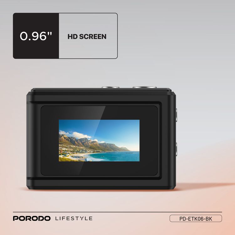 Porodo Mini Digital Camera with 0.96" HD Screen, 6 Color Filters, 2MP Photo Resolution, 1080 Pixels Video Resolution, 75-80 Minutes Operating Time, 200mAh Battery Capacity, Type-C Charging Port, Instant Webcam Function - Black