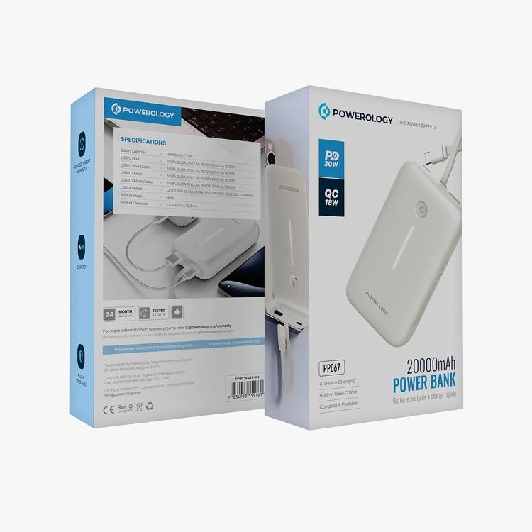 Powerology 20000mAh Power Bank with Detachable USB-C Wire, 30W Power Delivery, 3-Device Charging, Long Time Standby, Universal Phone Compatibility, Built-in Safeguards - White