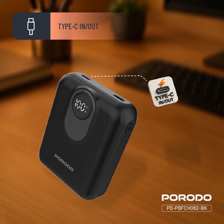 Porodo 10000mAh MagSafe Power Bank with Detachable USB-C to Lightning Cable, 22.5W Power Delivery, Digital Battery Indicator, 15W Maximum Wireless Output - Black