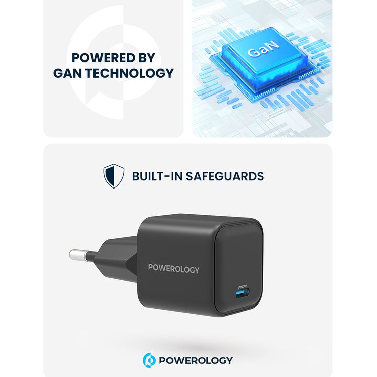 شاحن Powerology 35W Ultra-Quick GaN مع قابس الاتحاد الأوروبي، منفذ إخراج USB-C، شحن سريع، تصميم محمول ومضغوط، حماية مدمجة، مدخل 100-240 فولت - أسود