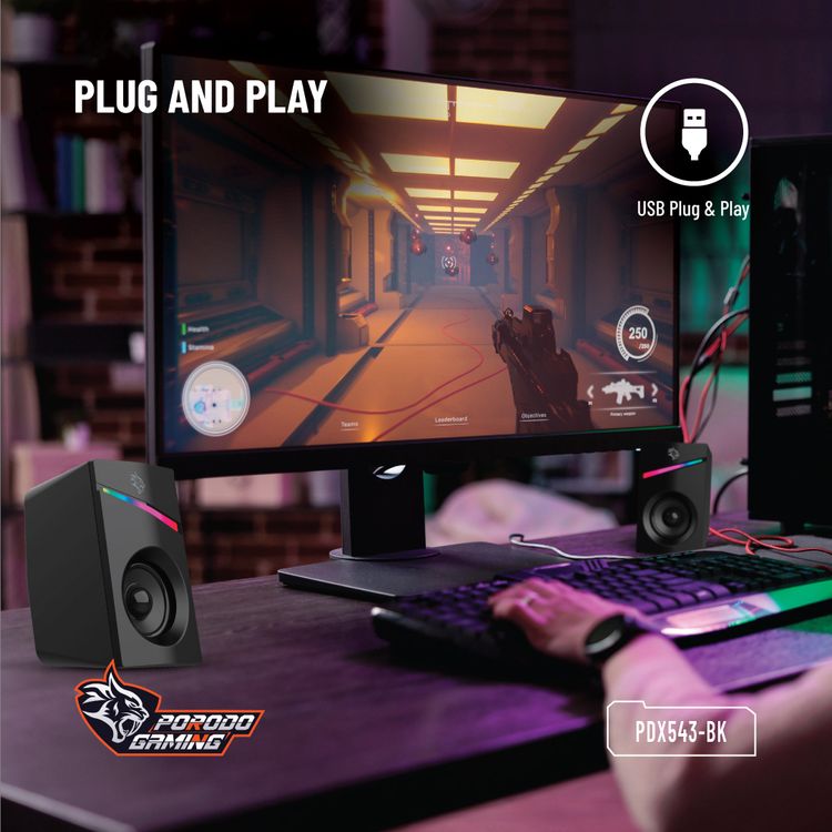  Porodo Gaming Stereo Speakers with Volume Knob Control, Broad Compatibility, Plug & Play, 6W Audio Output, 3.5mm  Audio Interface, 7 Colors Rainbow Lighting - Black