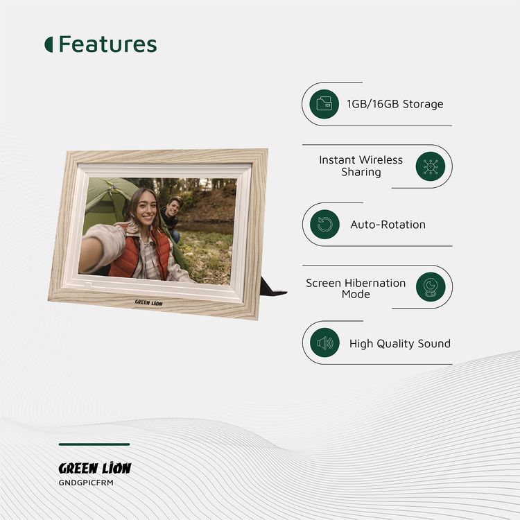 Green Lion Digital Picture Frame with Touch Screen Display, 10.1" IPS Screen Size, 1GB RAM, TF Card Support Up to 32GB, JPG, PNG & HEIC Picture Format Support - Wooden