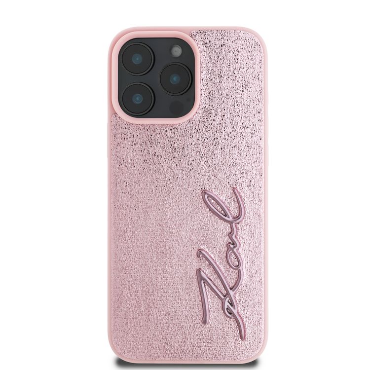 Karl Lagerfeld Wrinkled Design PU Hard Case with Metal Signature Logo for iPhone 16 Pro Max, Slim Profile, Comfortable Grip, Drop Protection, Lightweight, Sustainable Packing - Pink 