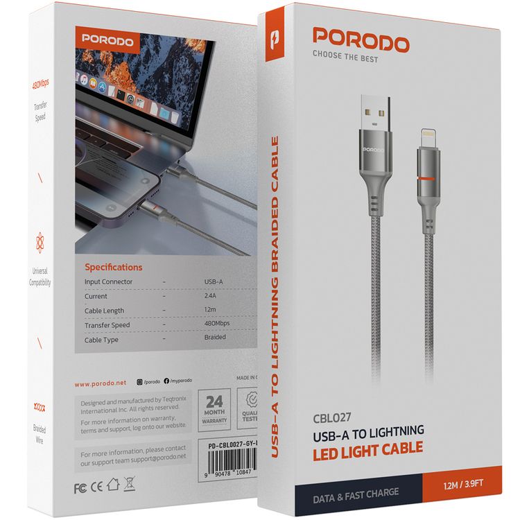 Porodo USB-A to Lightning LED Light Cable with 2.4A Current, 480Mbps Transfer Speed, 1.2m Cable Length, Fast Charging & Data Transfer, Braided Wire - Gray