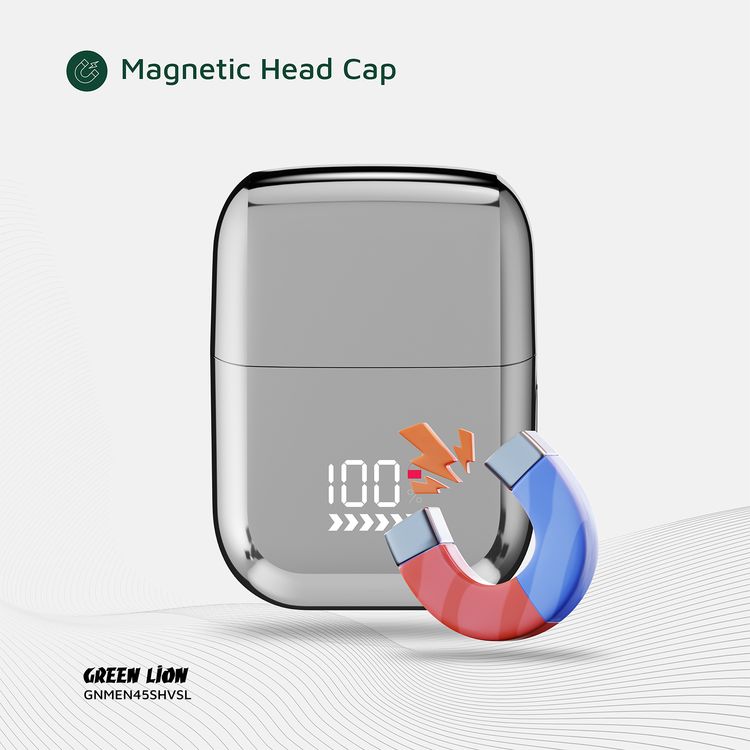 Green Lion Men's Shaver X with Wet & Dry Use, Magnetic Head Cap, Stainless Steel Blade, Travel Lock, 7500RPM Motor, 900mAh Battery Capacity, Type-C Charging - Silver