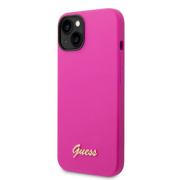Guess Liquid Silicone Case With PC Camera Outline & Script Metal Logo - iPhone 14 Plus - Fuchsia