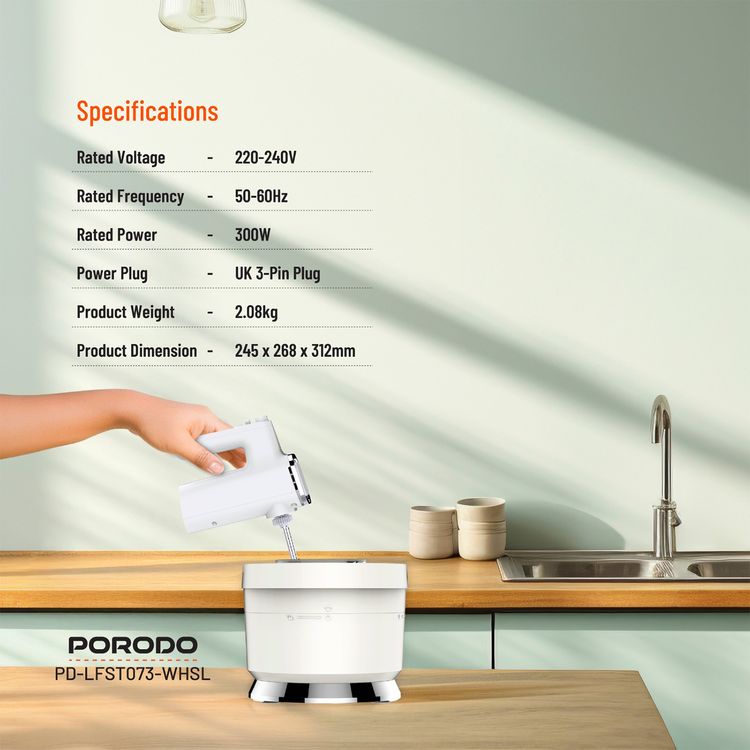 Porodo Lifestyle Spill-Proof Dual Mode Mixer, 6 Speed Settings, Easy Maintenance, Feeding Window Access, Folds Batter & Kneads Dough - White / Silver