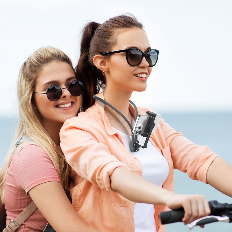 حامل رقبة للهواتف الذكية من بورودو مع قفل مغناطيسي، تسجيل بدون استخدام اليدين، مقاس رقبة قابل للتعديل 625 مم، مقاس كليب الهاتف 65-110 مم، مصنوع من الألمنيوم والسليكون والفولاذ المقاوم للصدأ، تثبيت آمن - أسود