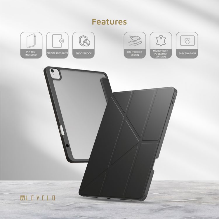 Levelo Conver Clear Back Hybrid Case for iPad Air 11", Lightweight Design, Precise Cut-Outs, Easy Snap-On - Black 