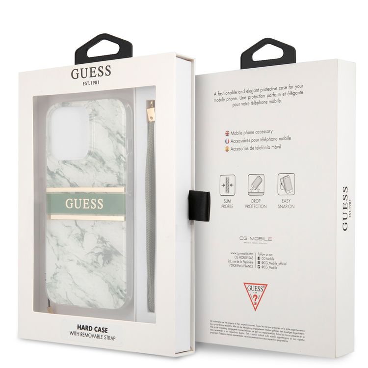 CG MOBILE Guess PC/TPU Case Marble Design & Stripe with Anti-Lost Nylon Strap for iPhone 13 Pro Max (6.7") Suitable with Wireless Charging Officially Licensed - Green