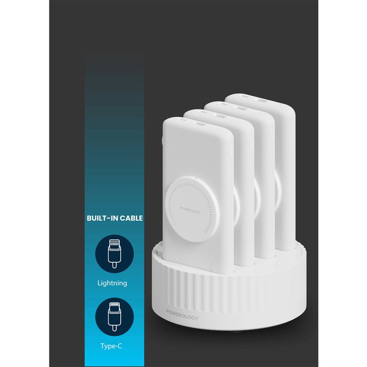 Powerology 4-in-1 Power Station with 10000mAh Battery Capacity, Built-In Cable, Rapid Re-Charging Station, 20W Power Delivery, 15W Wireless Output, Built-in Safeguards - White