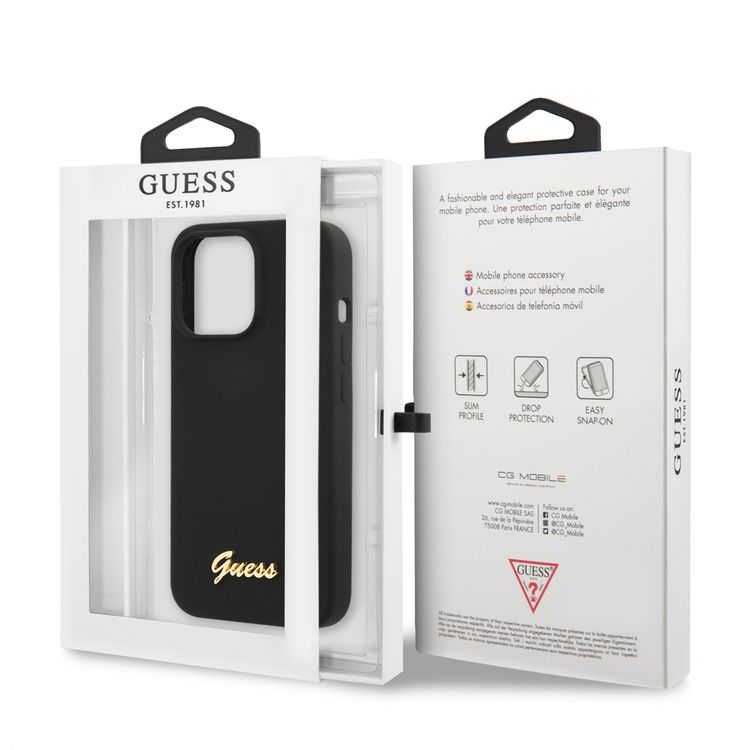 CG MOBILE Guess Liquid Silicone Case with Gold Metal Logo Script Compatible for iPhone 13 Pro (6.1") Anti-Scratch, Easy Access to All Ports, Shock Absorption
