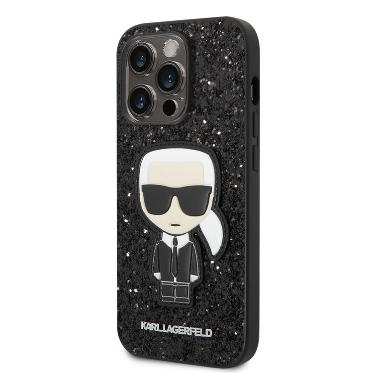 Karl Lagerfeld Glitter Flakes Case with Ikonik Patch Shockproof iPhone 14 Pro Compatibility - Black