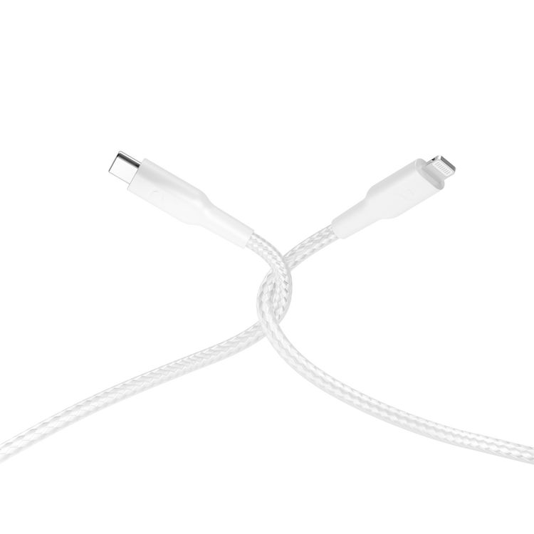 Powerology Braided USB-C to Lightning with 60W Power Delivery, 30cm Cable Length, Universal Compatibility, Fast Charge & Data Transfer - White