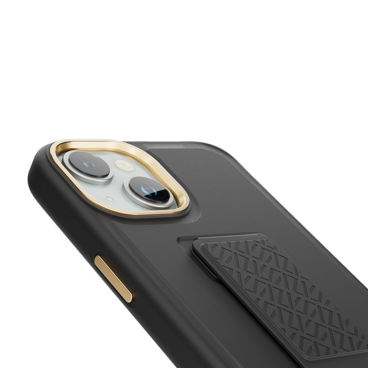 جراب Levelo Morphix Cuero Gripstand لهاتف iPhone 15 Plus، أوضاع متعددة، جلد PU، حواف مقاومة للصدمات - أسود