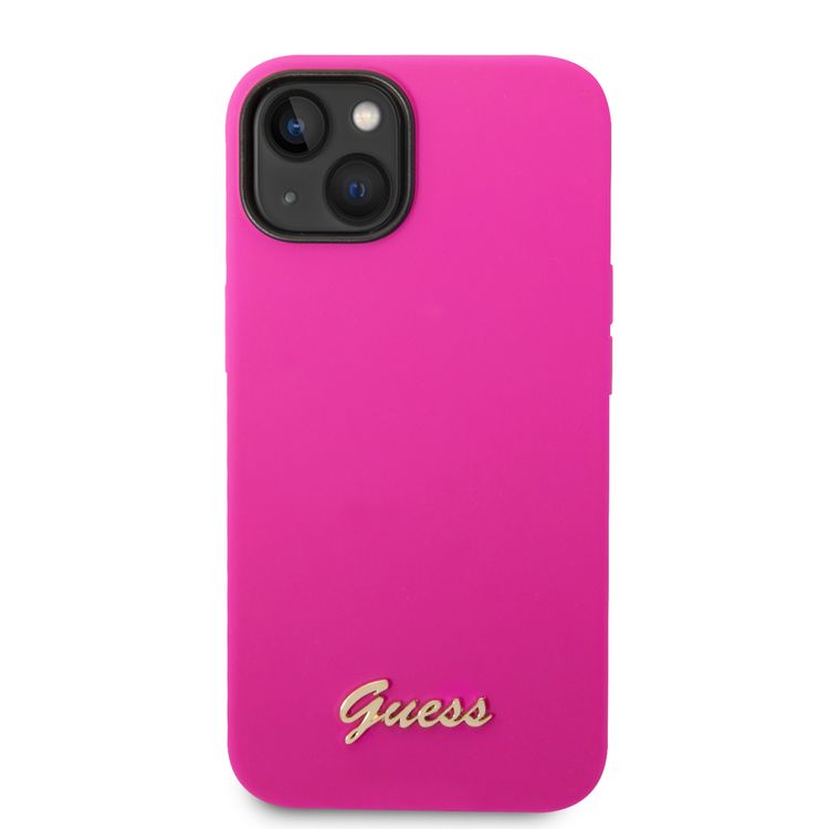 Guess Liquid Silicone Case With PC Camera Outline & Script Metal Logo - iPhone 14 Plus - Fuchsia