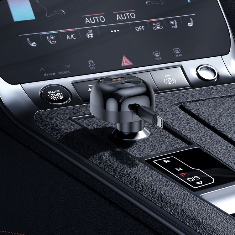 Porodo Dual Port Car Charger with 80cm Retractable Type-C Cable, Simultaneous Charging, Universal Compatibility, 47W Total Output Power - Black