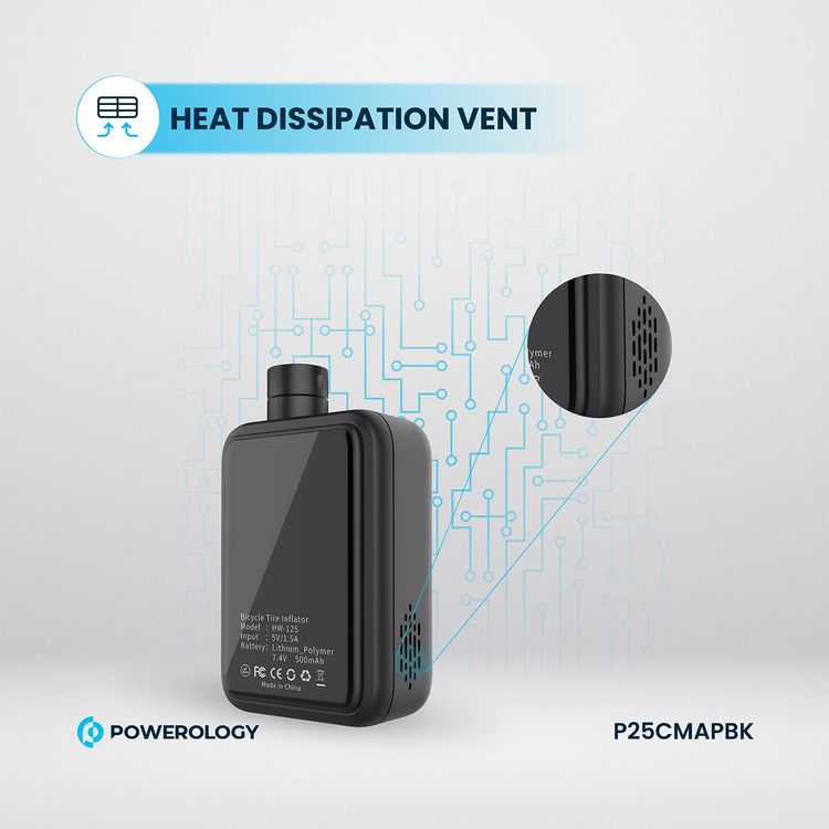 Powerology Super Compact Tire Inflator with 1000mAh Battery Capacity, 15L/Min Inflation Speed, Inflation Pressure 110psi, Heat Dissipation Vent, Digital Display, Type-C Charging Port - Black