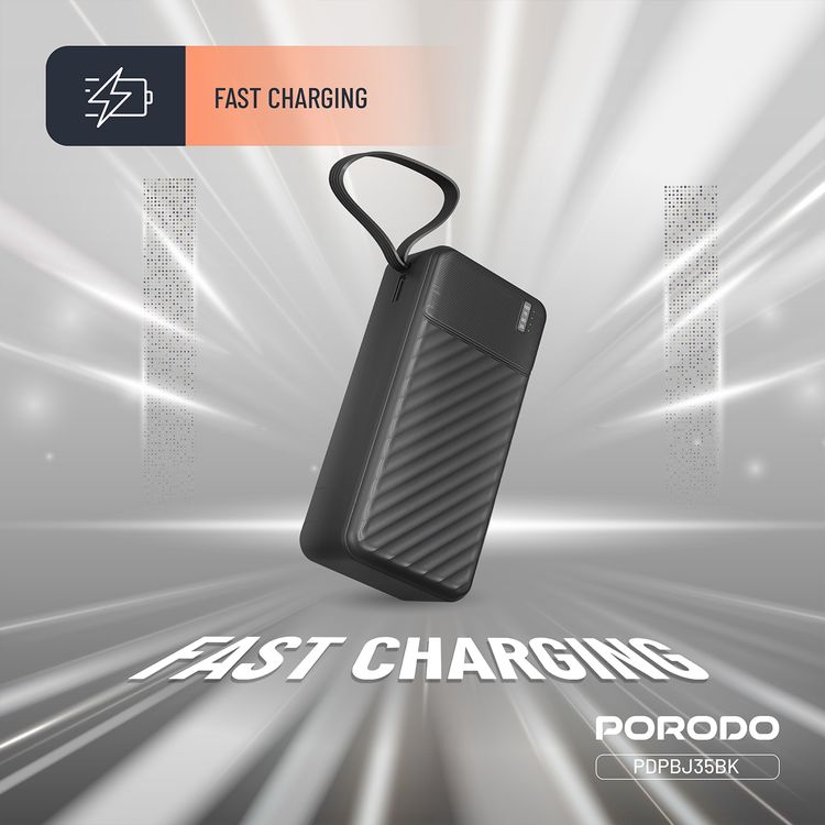 Porodo Piano 30000mAh Power Bank with Flashlight, Portable Handle, Phone Stand, 4 Integrated Cables, USB-A & USB-C & Micro Ports, Fast Charge Support, Universal Compatibility - Black