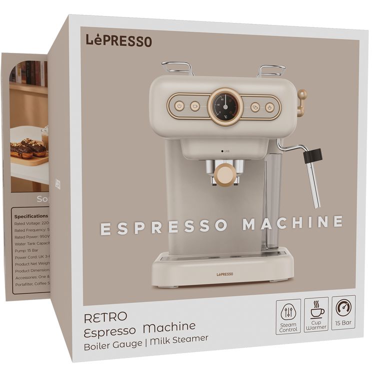 LePresso Coffee Machine with 1.2L Water Tank Capacity, 950W Rated Power, 15 Bars Pump Pressure, Washable Drip Tray, Steam Control - White