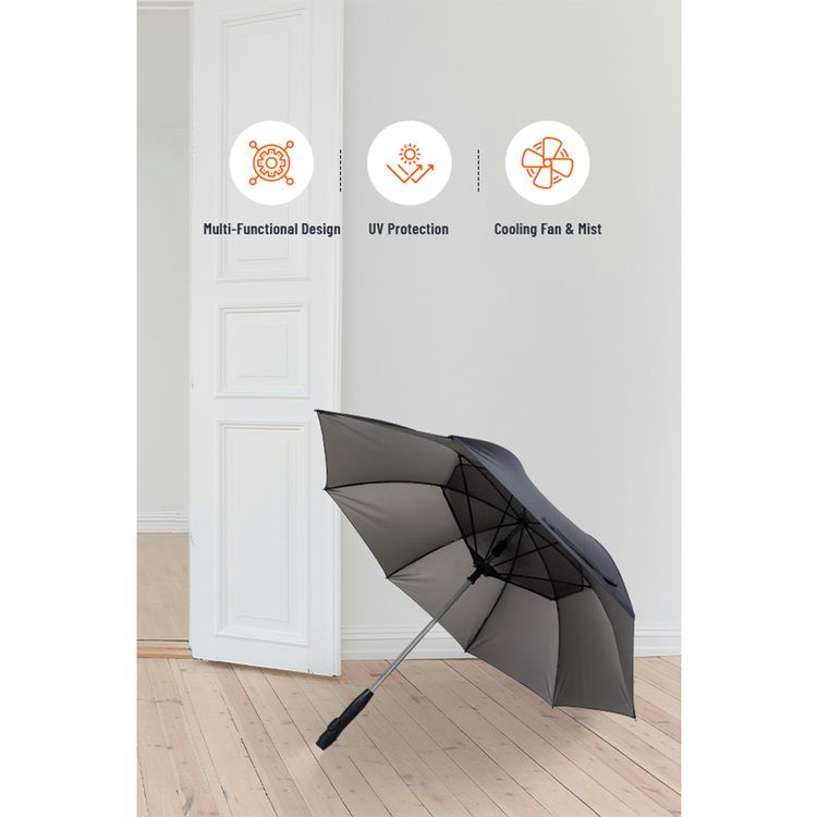 Porodo Lifestyle Cool Mist Umbrella with 2600mAh Battery Capacity, Built-in Fan & Hydrating Mist, Type-C Charging Port, 1 Hour Charging Time, Up to 3 Hours Working Time, UV Protection - Black