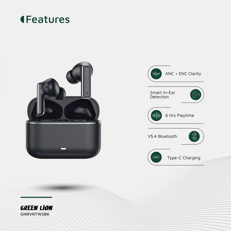 Green Lion River True Wireless Earbuds with ANC + ENC Clarity, Up to 7 Hours of Playtime, Smart in-Ear Detection, Bluetooth Version 5.4, -42dB Noise Reduction, 35 Hours Standby Time - Black
